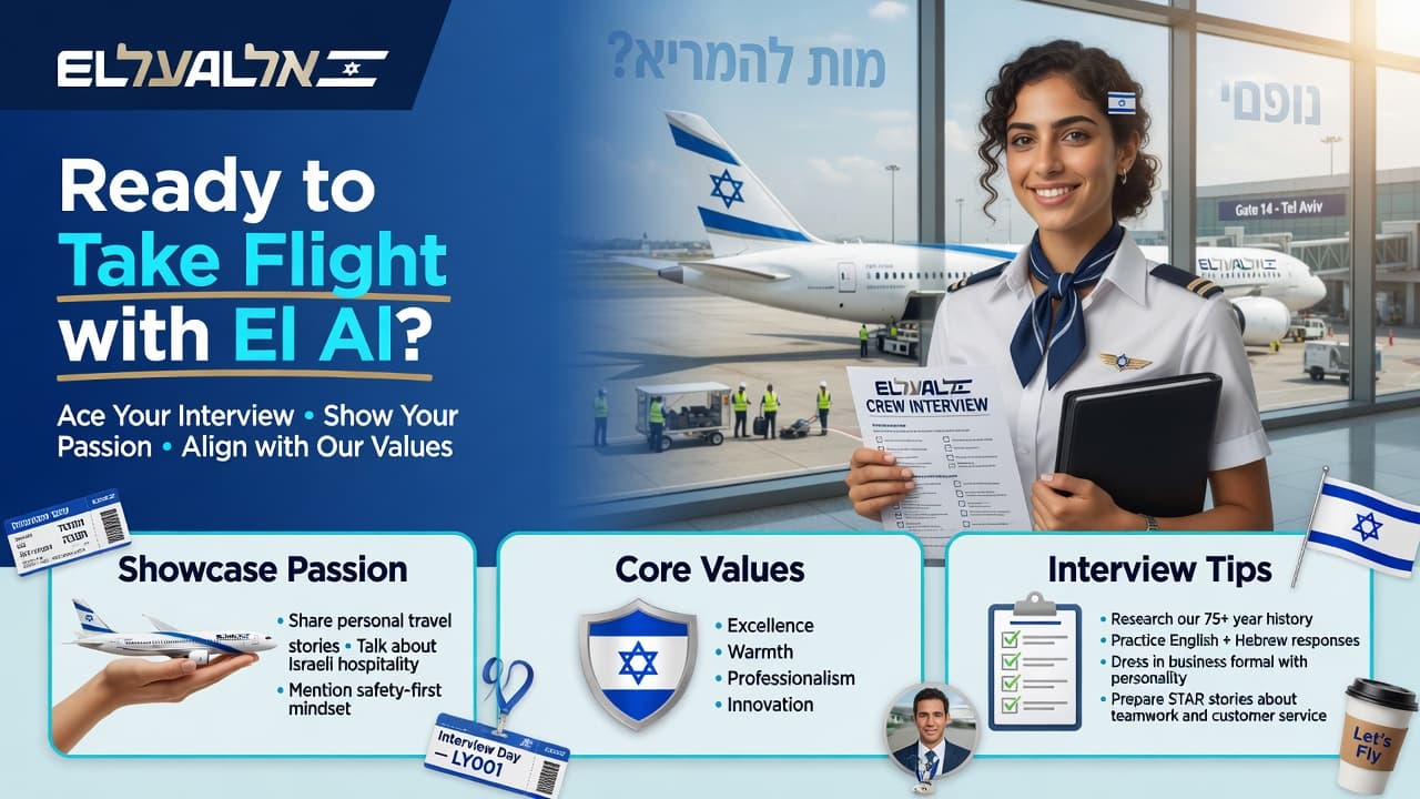 A vibrant El Al Airlines recruitment poster titled 'Ready to Take Flight with El AI?' in English and Hebrew. A smiling female flight crew member in white uniform with blue scarf and Israeli flag pin stands in an airport terminal holding an 'EL AL CREW INTERVIEW' clipboard and folder. In the background, an El Al plane with the Israeli Star of David on its tail is parked on the tarmac at Gate 14 – Tel Aviv. The poster highlights 'Showcase Passion,' 'Core Values' (Excellence, Warmth, Professionalism, Innovation with Israeli flag shield), and 'Interview Tips.' Visual elements include a model airplane, boarding passes marked 'Interview Day – LY001,' scissors, checklist, a male crew member photo, and an Israeli flag. The design promotes acing crew interviews by sharing personal stories, aligning with company values, and preparing with STAR method examples.