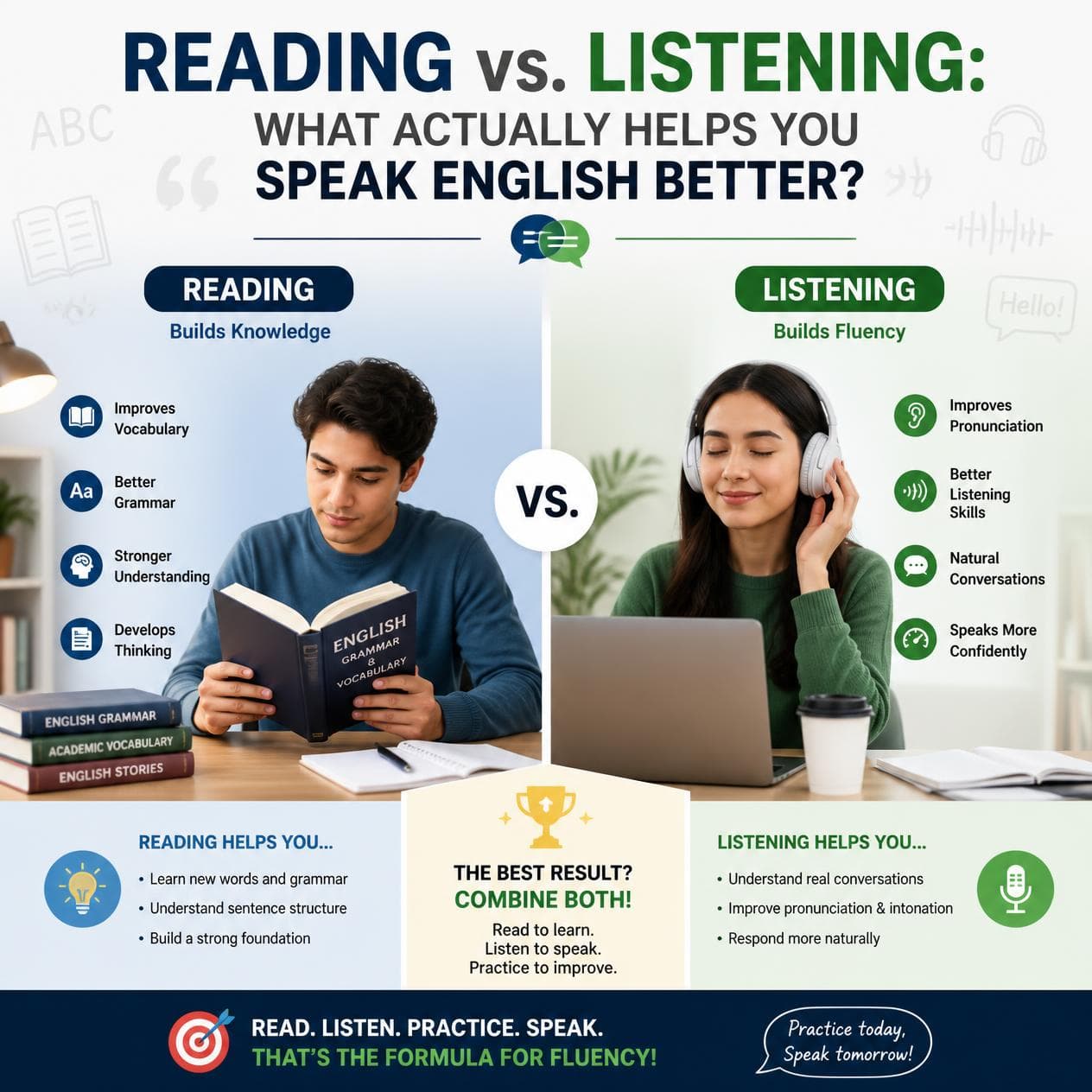 Infographic titled “Reading vs. Listening: What Actually Helps You Speak English Better?” The image compares the benefits of reading and listening for English learners. On the left, a person reads an English grammar and vocabulary book. Reading is described as building knowledge and improving vocabulary, grammar, understanding, and thinking. On the right, a person wearing headphones listens to English on a laptop. Listening is described as building fluency and improving pronunciation, listening skills, natural conversation, and speaking confidence. The infographic concludes that the best results come from combining both skills: “Read to learn. Listen to speak. Practice to improve.” A final message at the bottom says: “Read. Listen. Practice. Speak. That’s the formula for fluency!”