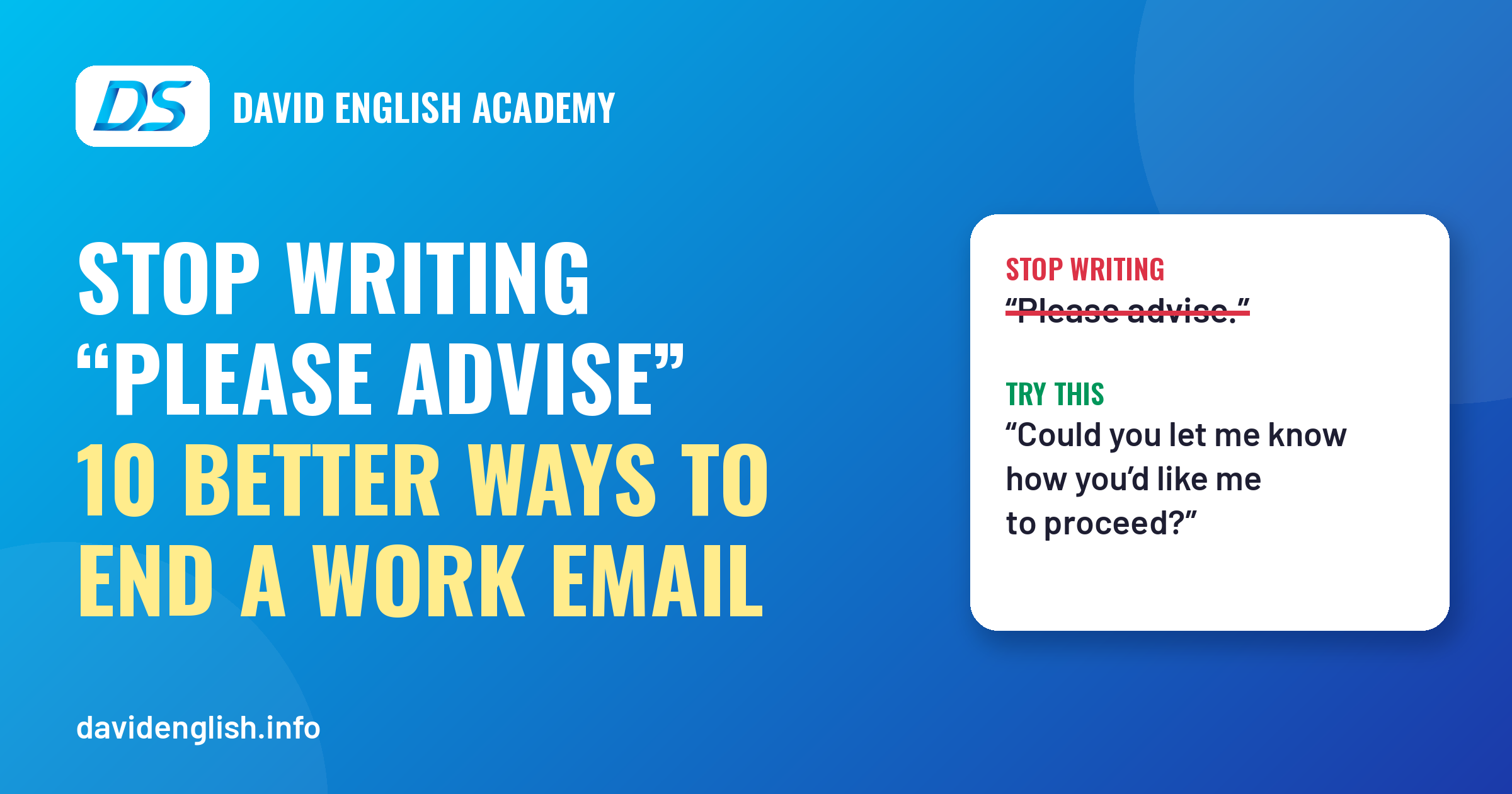 David English Academy blog header: "Please advise" crossed out, replaced with "Could you let me know how you'd like me to proceed?"