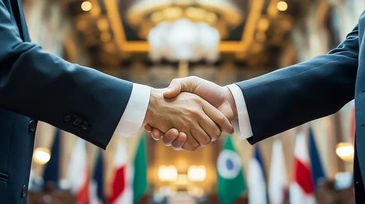 Two diplomats in business suits shaking hands in front of a row of international flags, symbolizing diplomatic agreement and global cooperation.
